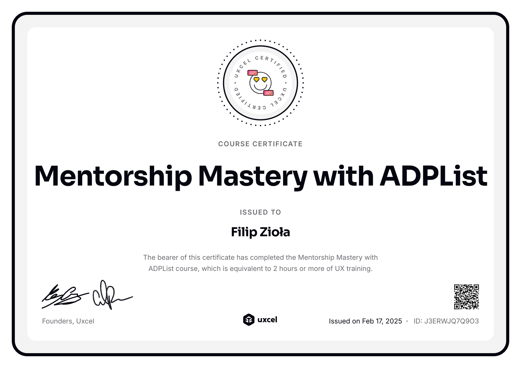 Filip Zioła's certificate